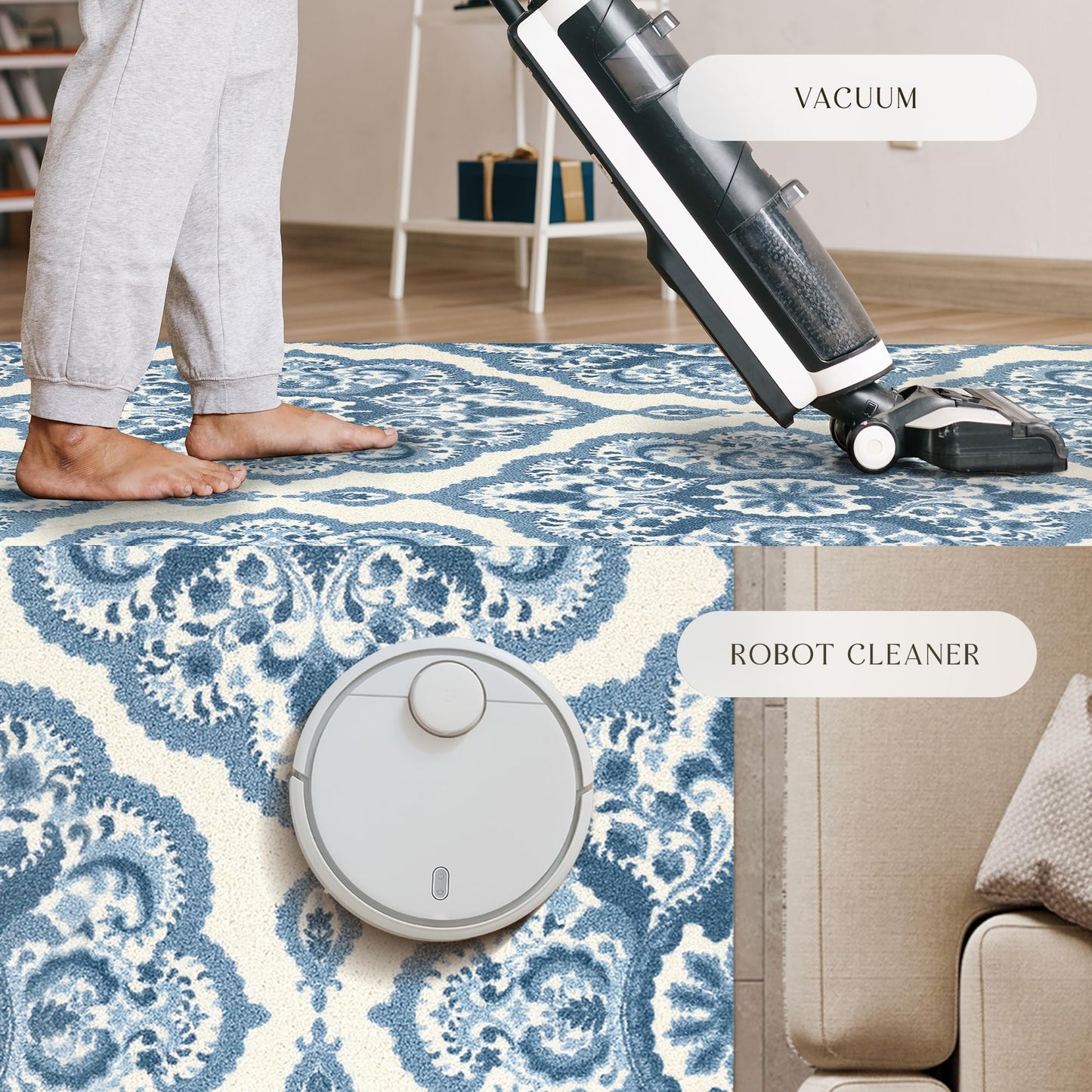 Maples Rugs Vivian Medallion Runner Rug - Made in USA - Washable, Non Slip, Indoor Carpet for Hallway, Kitchen, and Laundry Room, 2'6 x 8', Blue/White