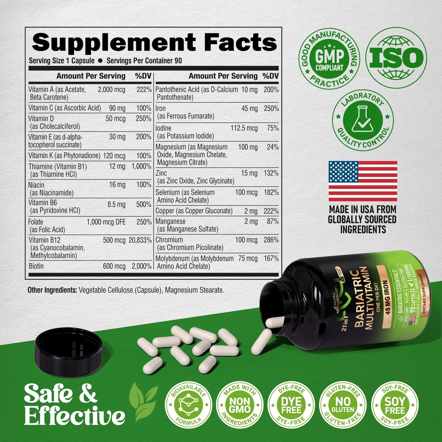 Bariatric Multivitamin - 45 mg Iron Supplements - Made in USA - for Women & Men - All-in-One, 21 Essential Vitamins - Gastric Sleeve Support - Free of Sugar, Gluten & Soy - 90 Capsules, Once Daily