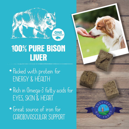 Shepherd Boy Farms Freeze Dried Dog and Cat Treats, Bison Liver, All Natural Freeze-Dried Dog Treat & Snacks, Made in USA, High in Protein, Essential Nutrition of Raw Food, 8oz