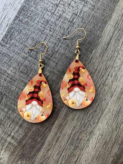 Gnome Fall Earrings for Women Autumn Thanksgiving Lightweight Teardrop Dangle Fun Colorful Statement Jewelry Handmade by the Painted Pug (Fall Gnome Leaves)