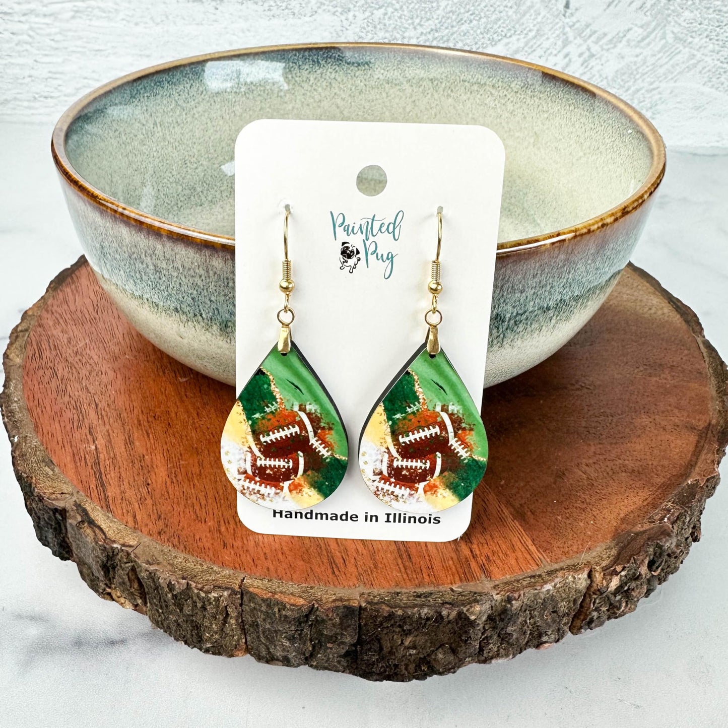 Green and Gold Football Earrings Teardrop MDF Wood Sports School Team Spirit Fan Jewelry Gift for Women Handmade by The Painted Pug (Green and Gold)