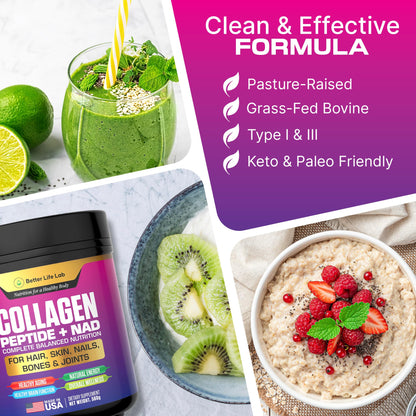 BETTER LIFE LAB Hydrolyzed Collagen Peptides with NAD – Supports Hair, Skin, Nails, Joints & Bones – Type I & III Collagen – Grass-Fed, Unflavored Powder