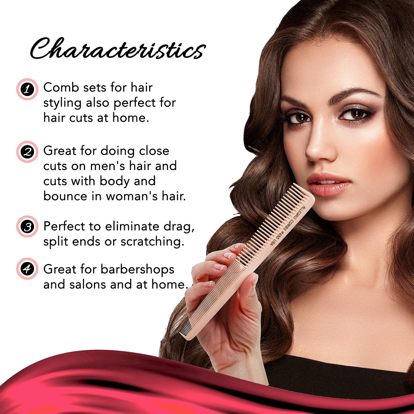 Allegro Tapered Hair Combs - 6 Pcs Barber & Hairstylist Combs for Men & Women, Made in USA (Rose)