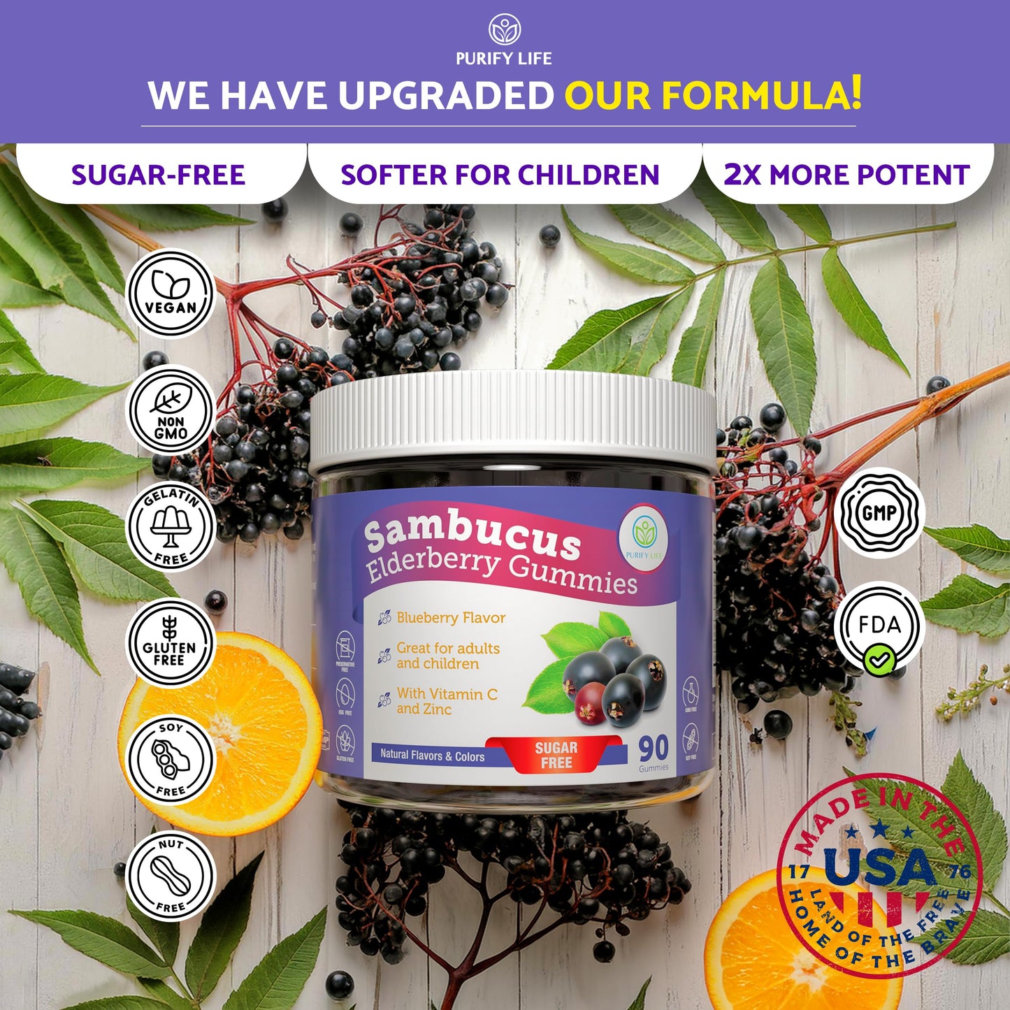 Purify Life Sugar-Free Elderberry Gummies with Vitamin C & Zinc for Adults and Kids, Immune Support Supplement for Respiratory Health, Sambucus Elderberry Antioxidant Gummies - Vegan, 90 Count