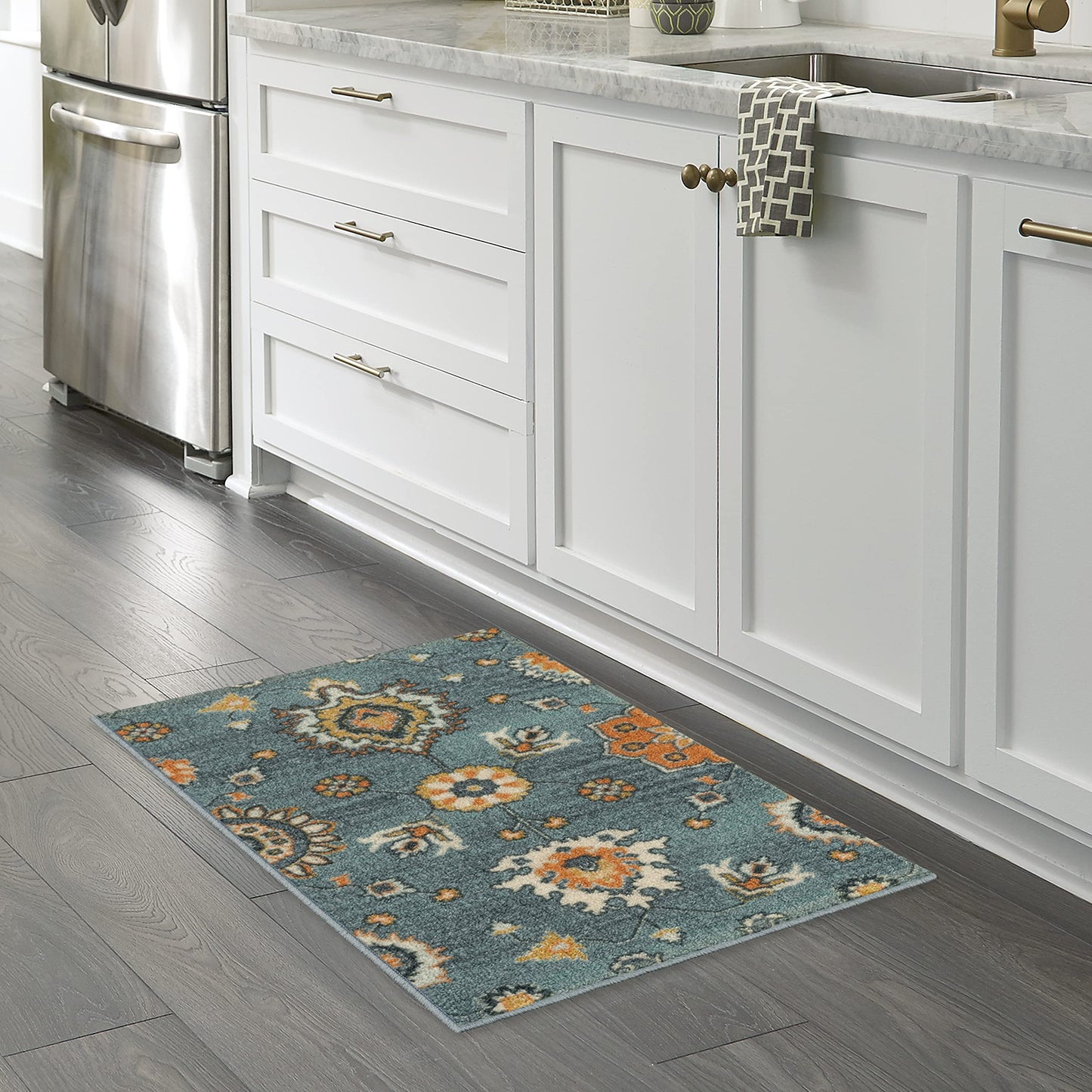 Maples Rugs Fleur Contemporary Motif Kitchen Rugs Non Skid Accent Area Carpet [Made in USA], Blue/Multi, 1'8" x 2'10"