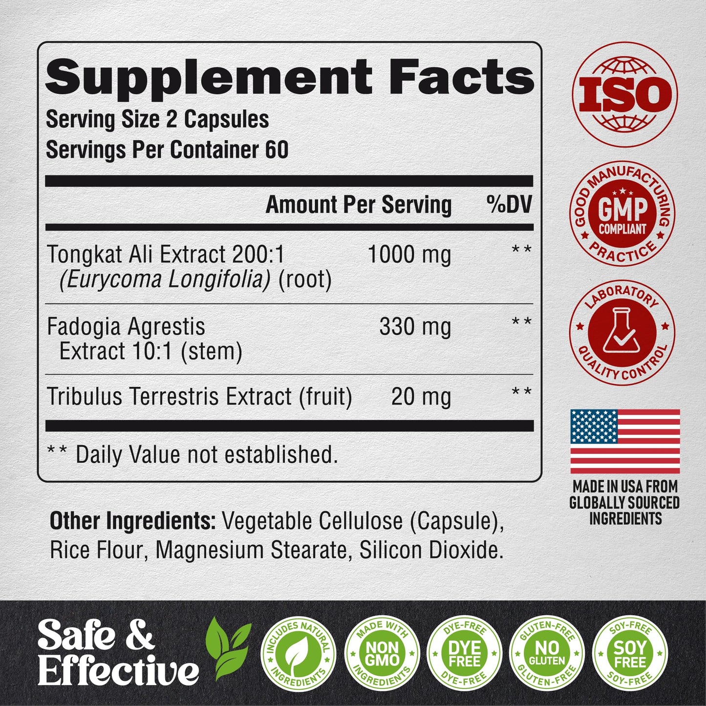 Tongkat Ali Men 1350mg Complex - Fadogia Agrestis | Tribulus Terrestris - Energy, Strength & Performance Support - Extra Strength 200:1 Extract - 3rd Party Tested, Made in USA - 120 Capsules / 2 Month