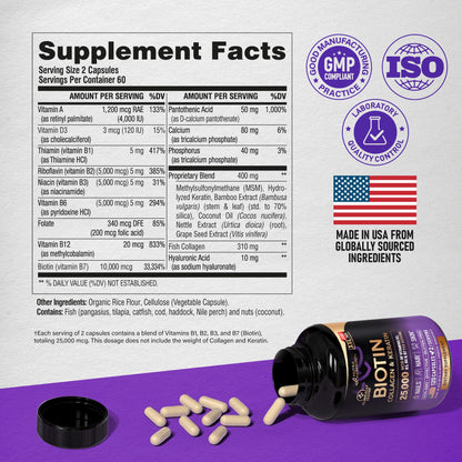 Biotin | Collagen | Keratin - Clinically Tested Supplement - Hair Growth Support, Skin & Nails - 25000 mcg Vitamins B2, B3, B6 & B7 + B1 & Hyaluronic Acid - Made in USA - Women & Men | 120 Capsules