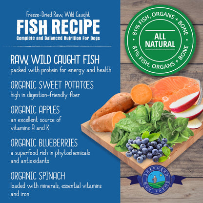 Shepherd Boy Farms Freeze Dried Raw Dog Food (Fish Medley Recipe), All Natural Food, 14 oz Bag, Freeze-Dried Dog Food, Made in USA with Organic Produce, High in Protein, Food Topper or Complete Meal