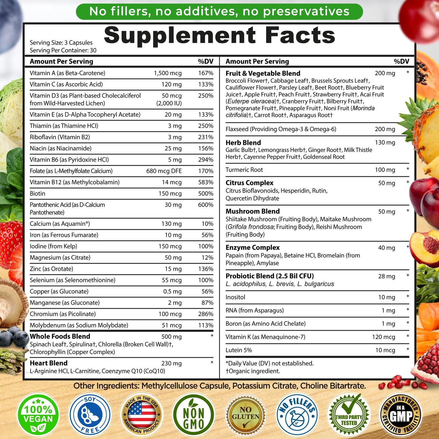 Vegan Whole Food Daily Multivitamin with Iron, Methylated Multivitamin for Women and Men, Made with Fruits & Vegetables, B-Complex, Probiotics, Enzymes, CoQ10, Omegas, Turmeric, Non-GMO, 90 Count