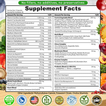 Vegan Whole Food Daily Multivitamin with Iron, Methylated Multivitamin for Women and Men, Made with Fruits & Vegetables, B-Complex, Probiotics, Enzymes, CoQ10, Omegas, Turmeric, Non-GMO, 90 Count