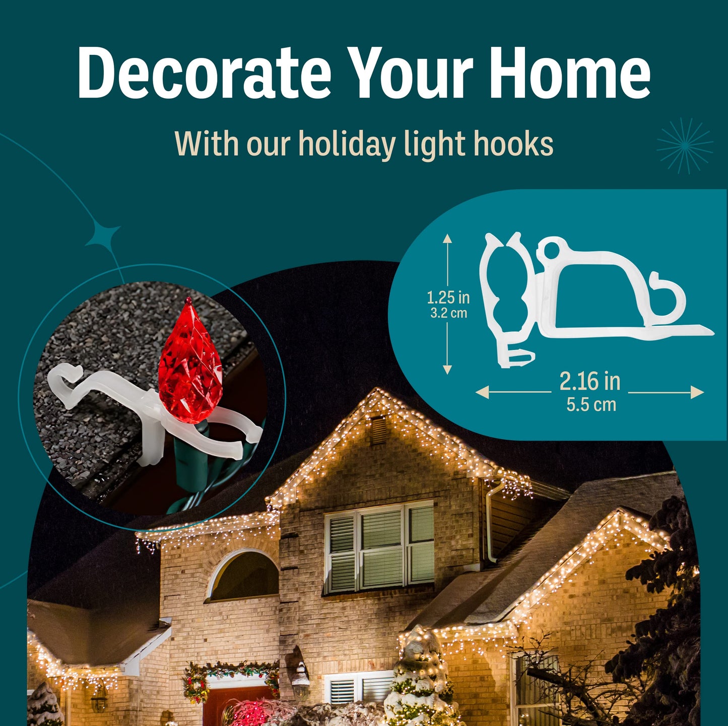 Holiday Joy 200 PCS of All Purpose Gutter Hooks for Outdoor String Lights - Quick & Easy Installation Christmas Lights Clips for Shingles & Gutters - Patent Design String Light Hooks - Made in USA