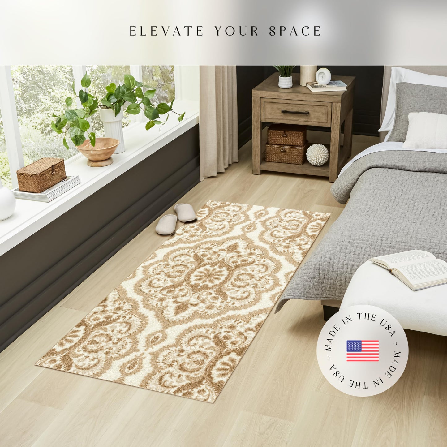 Maples Rugs Vivian Medallion Runner Rug - Made in USA - Washable, Non Slip, Indoor Carpet for Hallway, Kitchen, and Laundry Room, 2'6 x 5', Beige