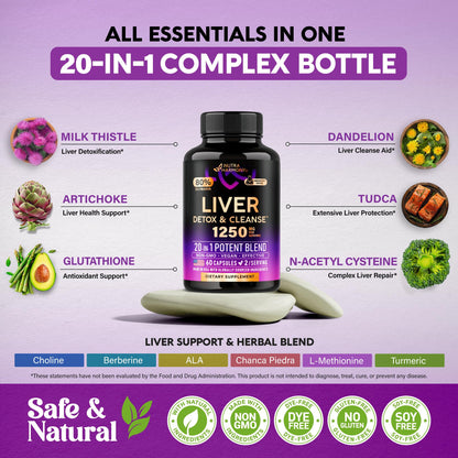 Liver Cleanse Detox & Repair - Milk Thistle | Dandelion | Artichoke | TUDCA | Glutathione & NAC - Effective Liver Health Supplement | 80% Silymarin - Laboratory Tested, Vegan - Made in USA 60 Capsules
