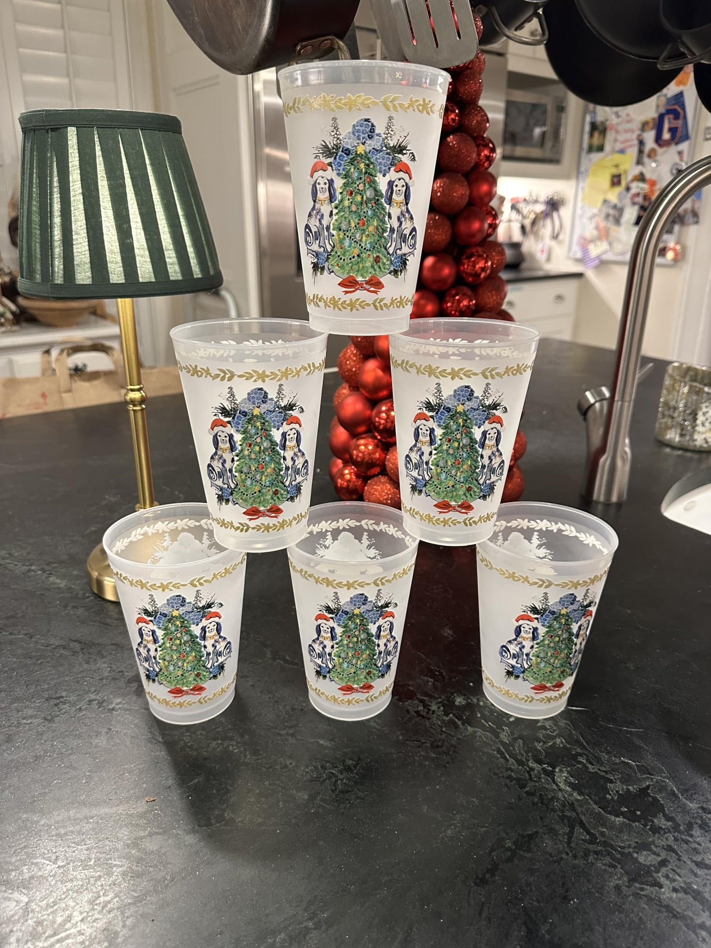 Marye-Kelley Staffordshire Dogs with Santa Hats and Christmas Tree Shatterproof 20 Oz Frosted Cups - Set of 6 Cups - BPA Free - Made in the USA Dishwasher Safe