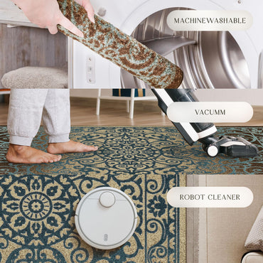 Maples Rugs Pelham Transitional Area Rugs - Made in USA - Washable, Non Slip, Indoor Carpet for Entryway, Foyer, Kitchen, and Bathroom, 1'8 x 2'10, Blue/Walnut