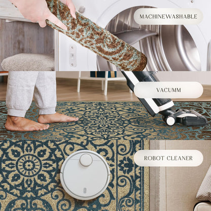 Maples Rugs Pelham Transitional Area Rugs - Made in USA - Washable, Non Slip, Indoor Carpet for Entryway, Foyer, Kitchen, and Bathroom, 1'8 x 2'10, Blue/Walnut