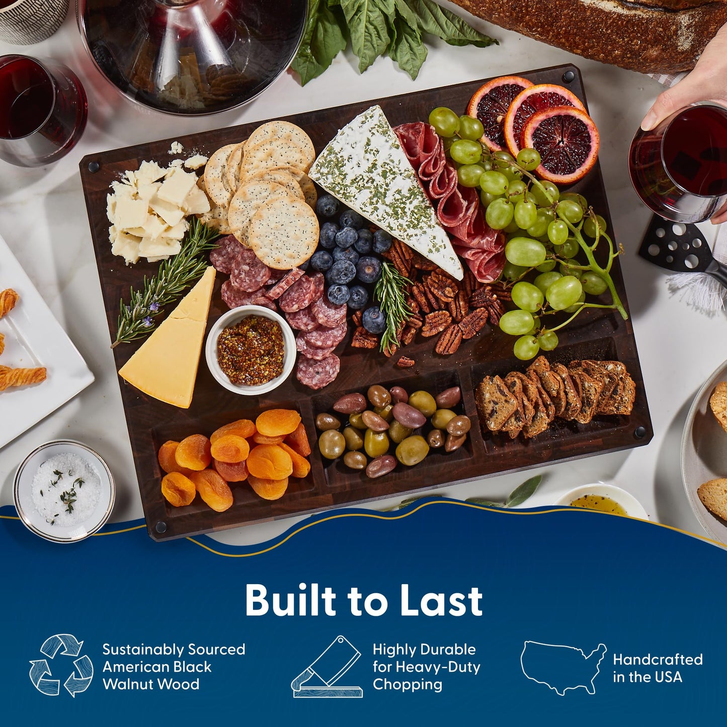 Sonder Los Angeles Alfred Cutting Board Made in USA | Black Walnut End Grain Cutting Board for Kitchen with Non-Slip Feet, Juice Groove, Sorting Compartments | Gift Box Included | 17x13x1.5 in