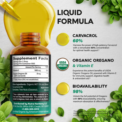 USDA Organic Oil of Oregano - Liquid Drops with Vitamin E - Made in USA - Supplement for Immune Support, Digestion Health & Antioxidant - Non-GMO, Natural, Vegan - Pack of 2