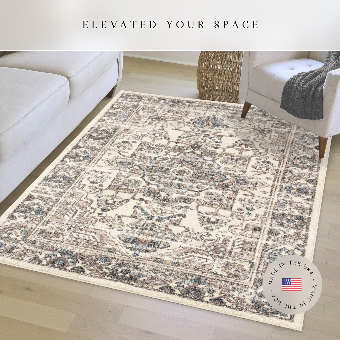 Maples Rugs Distressed Tapestry Vintage Area Rugs Carpet for Living Room & Bedroom [Made in USA], 5 x 7, Neutral