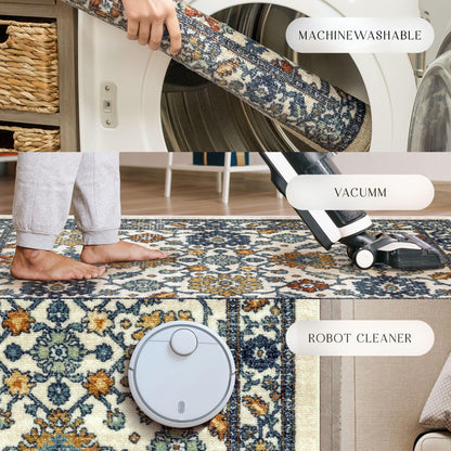 Maples Rugs Benton Oriental Area Rugs – Made in USA – Washable, Non Slip Indoor Carpet for Entryway, Foyer, Kitchen, and Bathroom, 30" x 46", Beige/Multi