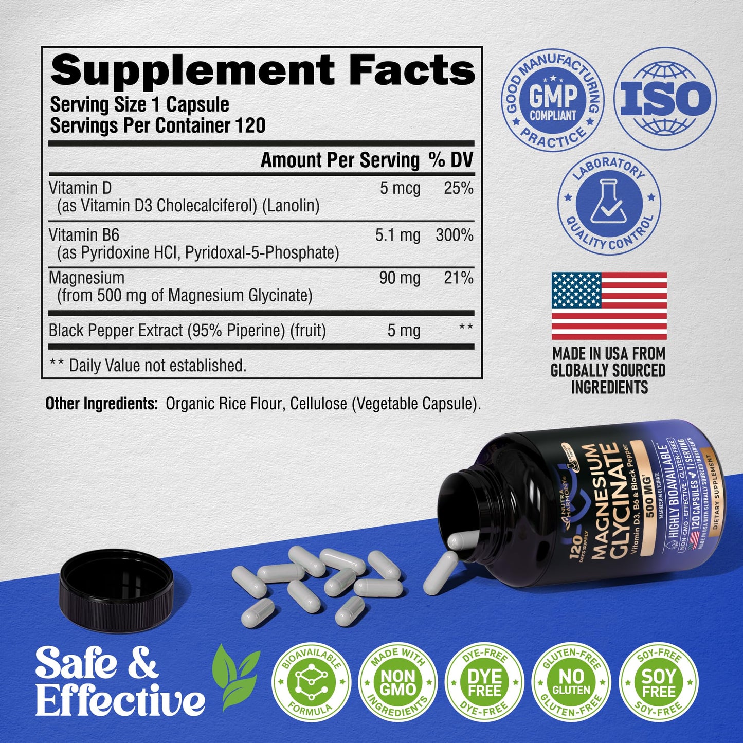 Magnesium Glycinate 500 mg - Chelated Supplement - 98% High Absorption - Sleep, Muscle & Heart Health Support - Made in USA - Lab Tested & Non-GMO - 120 Capsules