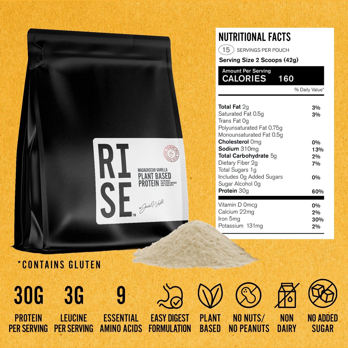 RISE311 Vanilla Plant-Based Protein Powder for Women & Men, Easy to Digest, Delicious Madagascar Vanilla Bean Powder Supports Overall Well-Being, 15 Servings/Pouch, 30g
