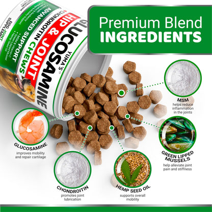 YUMA'S Glucosamine for Dogs - Hip and Joint Supplement for Dogs - Glucosamine Chondroitin Chews - Joint Pain Relief Supplement with MSM - Advanced Health - Mobility Support - Made in USA