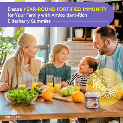 Purify Life Sugar-Free Elderberry Gummies with Vitamin C & Zinc for Adults and Kids, Immune Support Supplement for Respiratory Health, Sambucus Elderberry Antioxidant Gummies - Vegan, 90 Count