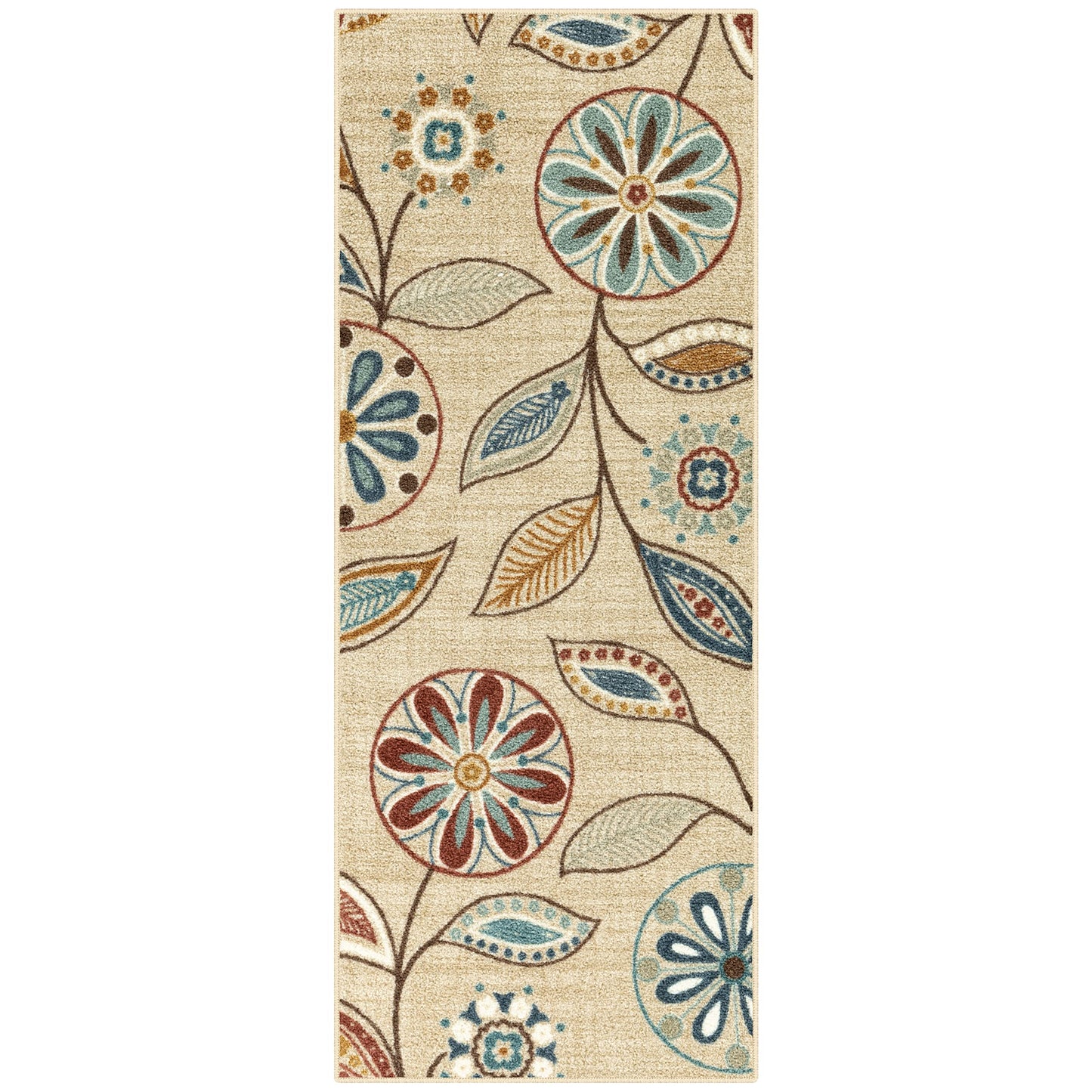 Maples Rugs Reggie Floral Runner Rug - Made in USA - Washable, Non Slip Indoor Carpet for Kitchen, Hallway, and Laundry Room, 1'8 x 5, Beige