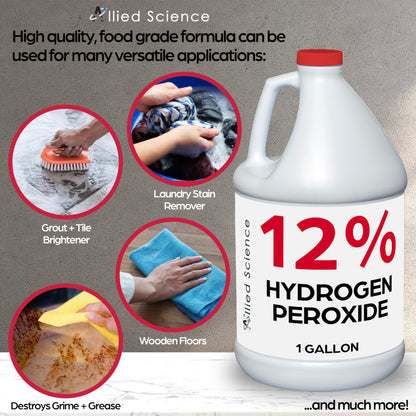Allied Science 12% Food Grade Hydrogen Peroxide, 4X Stronger, Dilute and Use for Personal Care, Home, Kitchen, Bath, Carpet, Water Cleaner, Plant Treatment, 1 Gallon (1)