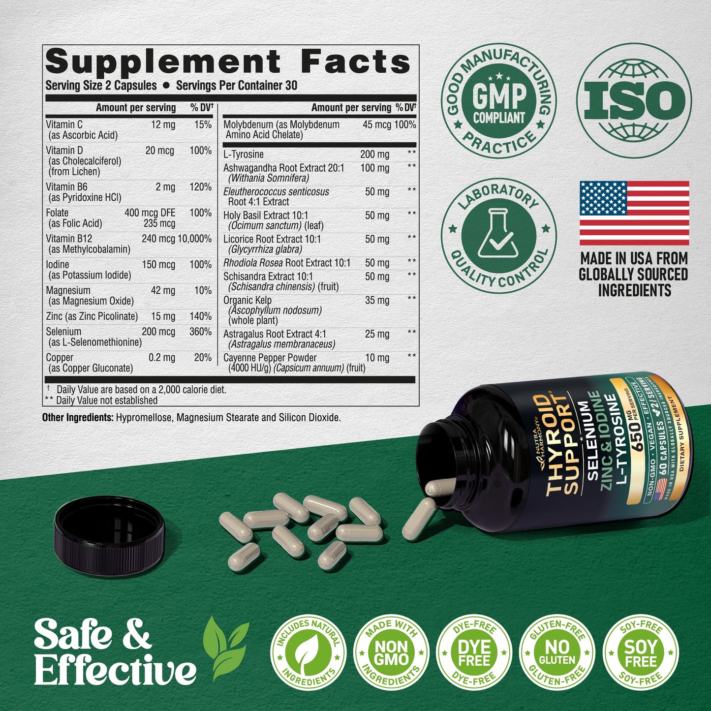 Thyroid Support for Women - Astragalus | Selenium 200 mcg | Zinc & Iodine | L-Tyrosine | Adaptogen Herbs - 21-in-1 Antioxidant & Immune Support - Vegan, Non-GMO, Lab Tested - 60 Capsules, Made in USA