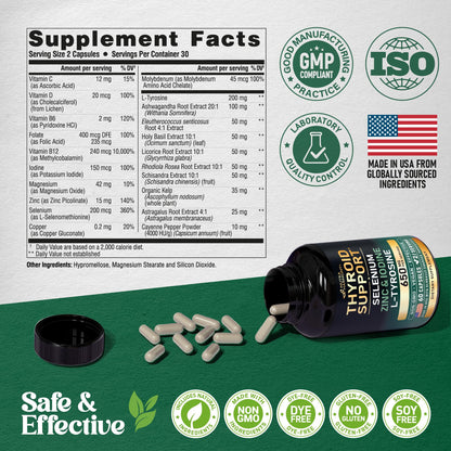 Thyroid Support for Women - Astragalus | Selenium 200 mcg | Zinc & Iodine | L-Tyrosine | Adaptogen Herbs - 21-in-1 Antioxidant & Immune Support - Vegan, Non-GMO, Lab Tested - 60 Capsules, Made in USA