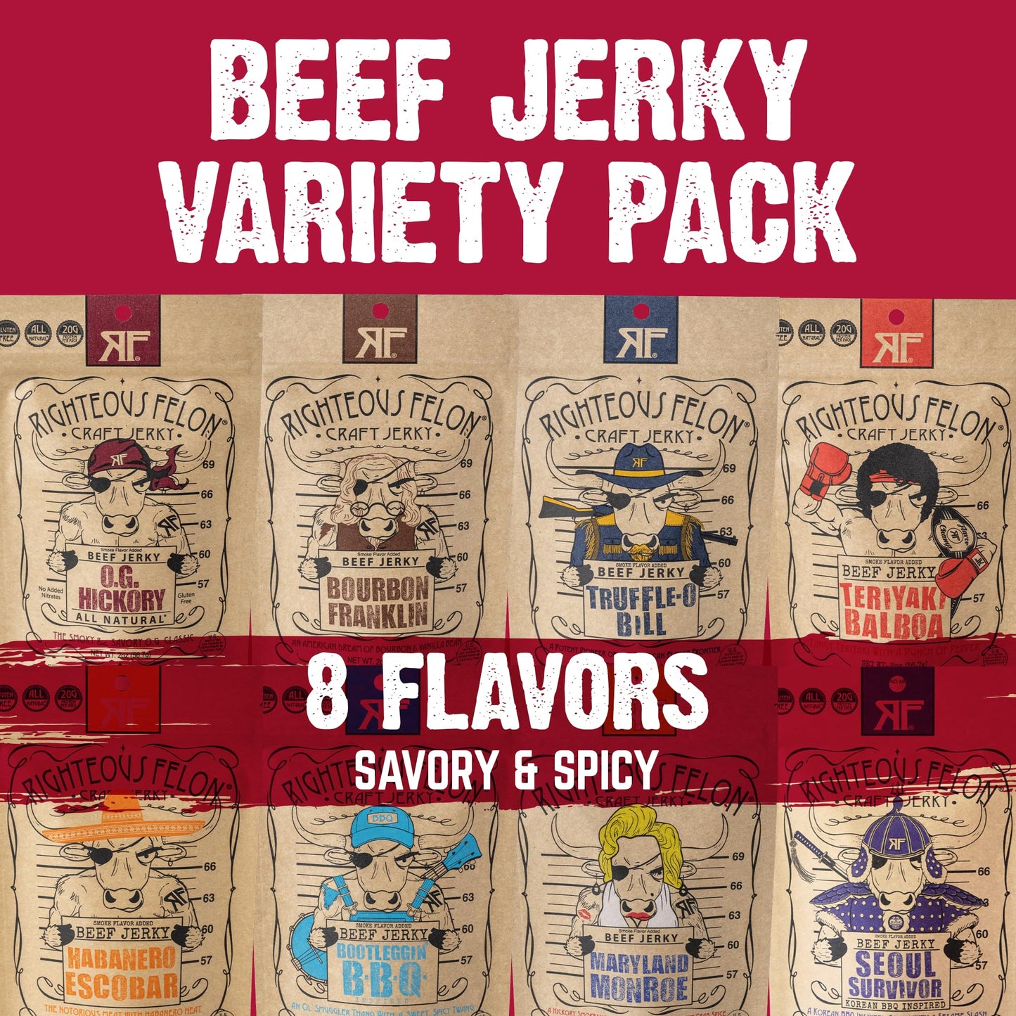 Righteous Felon Beef Jerky Variety Pack | Gluten Free Beef Jerky Snack Packs for Adults | High Protein, Keto-Friendly, Low Sugar | Made with Premium Meats | Beef Jerky Gifts for Men | Sampler 8 Pack