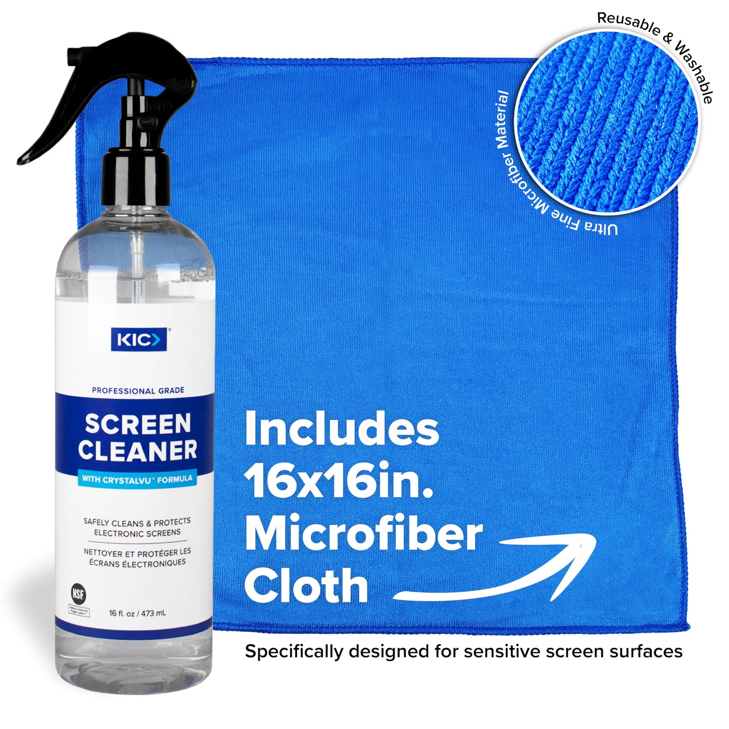 Screen Cleaner Spray (16oz) with CrystalVu® - Includes Premium Microfiber Cloth - TV Screen Cleaner, Car Screen Cleaner, Safe for Smartphone, Tablet, Touchscreen - Professional Cleaner - Made in USA