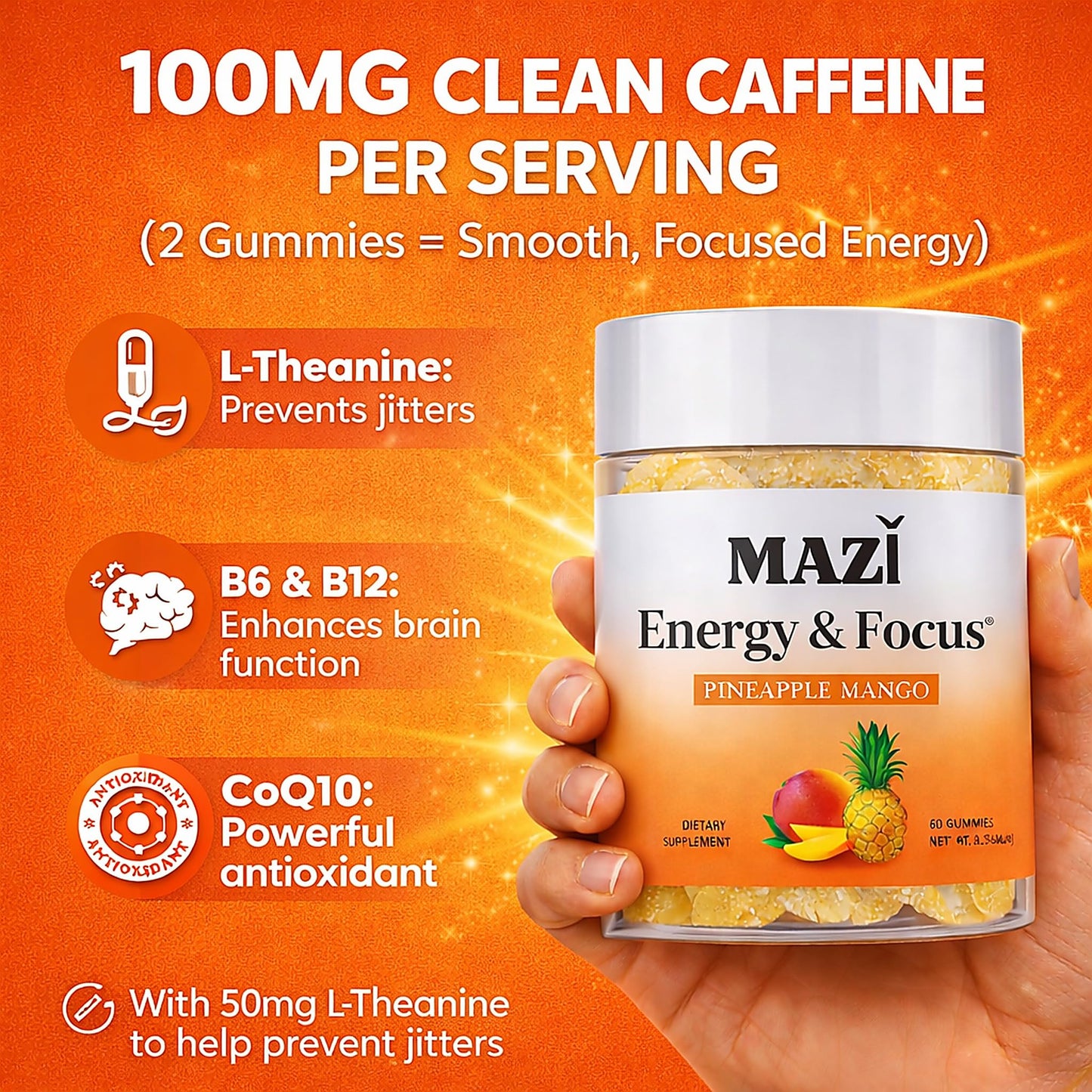 Energy & Focus Gummies | 100mg Natural Caffeine + L-Theanine + Vitamin B6 & B12 + CoQ10 | Nootropic Cognitive Brain Performance Supplement | No Crash or Jitters