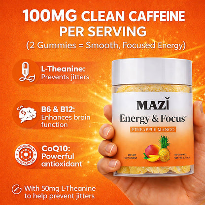 Energy & Focus Gummies | 100mg Natural Caffeine + L-Theanine + Vitamin B6 & B12 + CoQ10 | Nootropic Cognitive Brain Performance Supplement | No Crash or Jitters