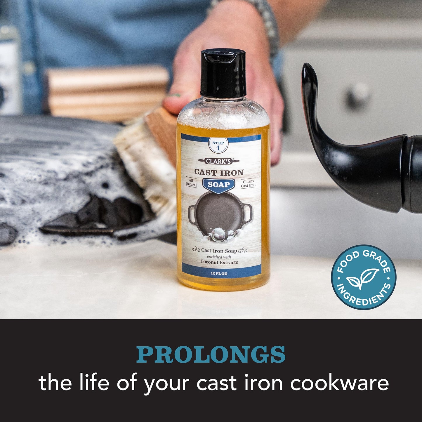 CLARK'S Cast Iron Cleaner 12 oz, Made in USA, Plant Based Coconut Cast Iron Soap for Skillets, Griddles Etc. - Protects, and Restores Cookware