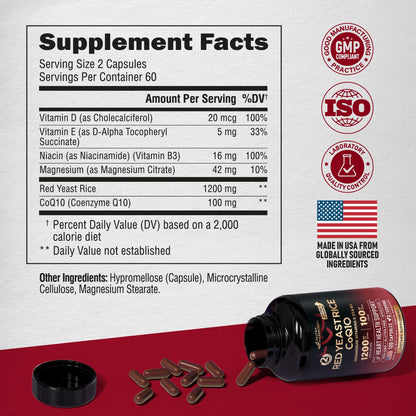 Red Yeast Rice 1200 mg with CoQ10 100 mg - with Magnesium | Niacin | Vitamin E & D3 - Heart Health Support, Energy & Metabolism - Effective, Flush-free & Laboratory Tested - Made in USA, 120 Capsules
