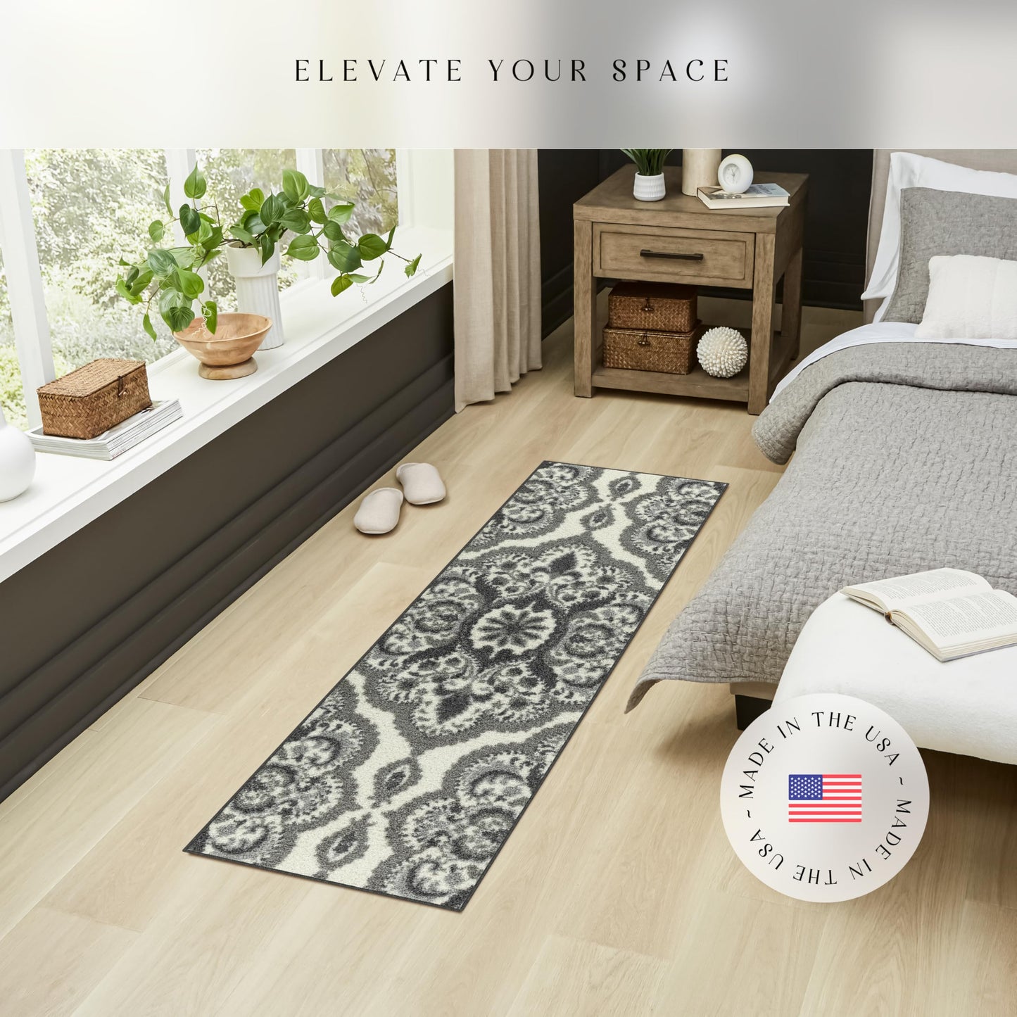 Maples Rugs Vivian Medallion Runner Rug - Made in USA - Washable, Non Slip, Indoor Carpet for Home, 1'8 x 5', Grey