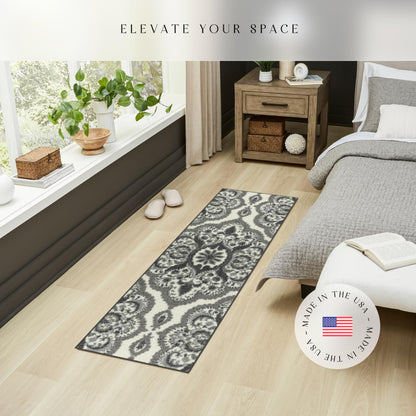 Maples Rugs Vivian Medallion Runner Rug - Made in USA - Washable, Non Slip, Indoor Carpet for Home, 1'8 x 5', Grey