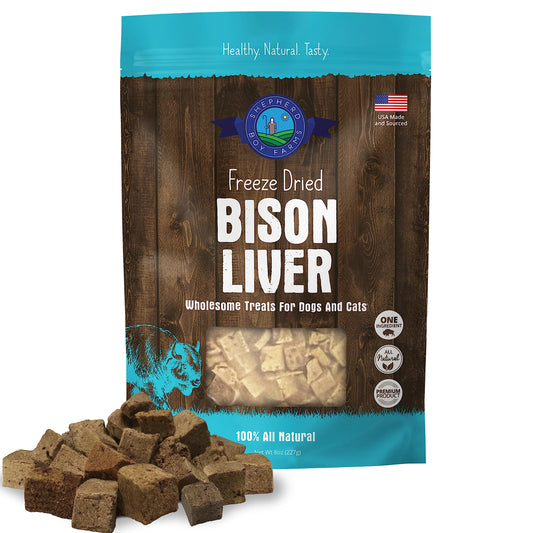Shepherd Boy Farms Freeze Dried Dog and Cat Treats, Bison Liver, All Natural Freeze-Dried Dog Treat & Snacks, Made in USA, High in Protein, Essential Nutrition of Raw Food, 8oz