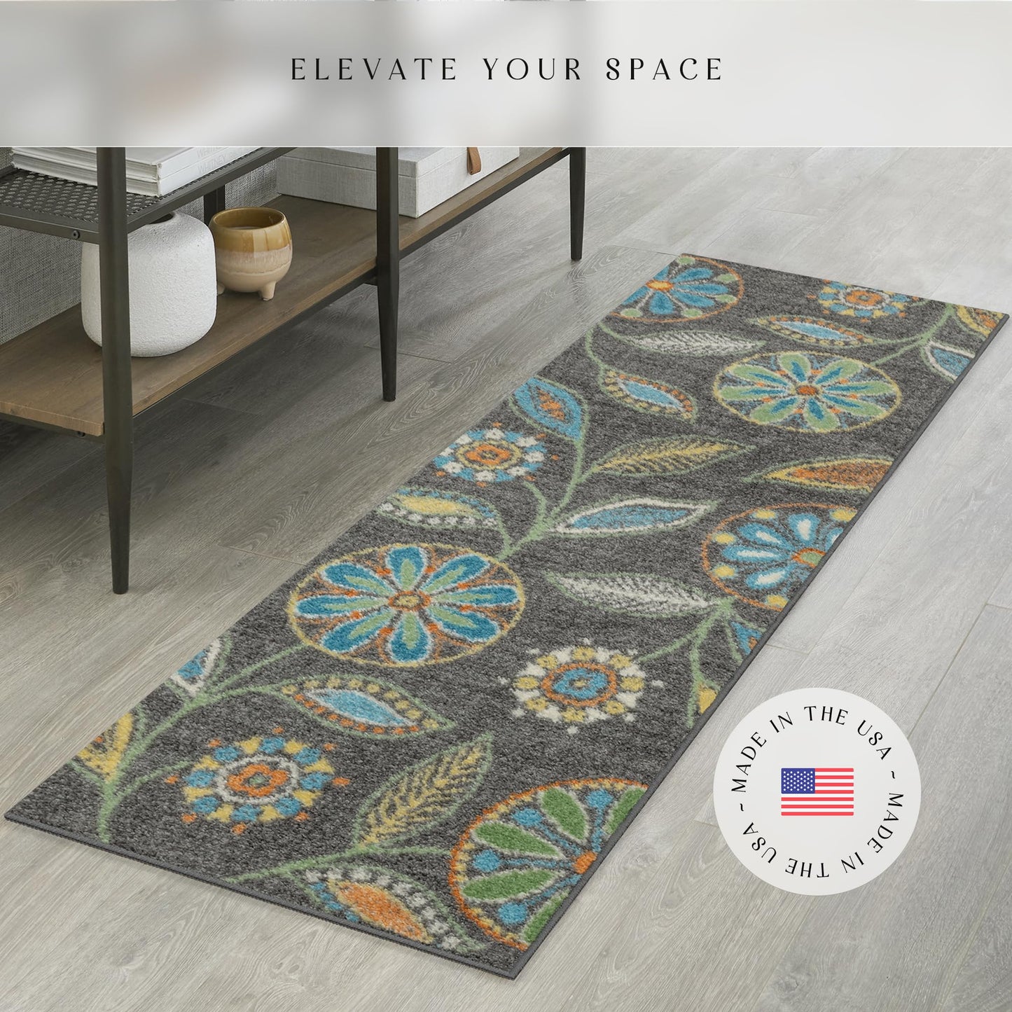 Maples Rugs Reggie Floral Runner Rug - Made in USA - Washable, Non Slip Indoor Carpet for Kitchen, Hallway, and Laundry Room, 1'8 x 5, Dark Grey