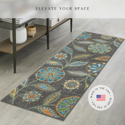 Maples Rugs Reggie Floral Runner Rug - Made in USA - Washable, Non Slip Indoor Carpet for Kitchen, Hallway, and Laundry Room, 1'8 x 5, Dark Grey