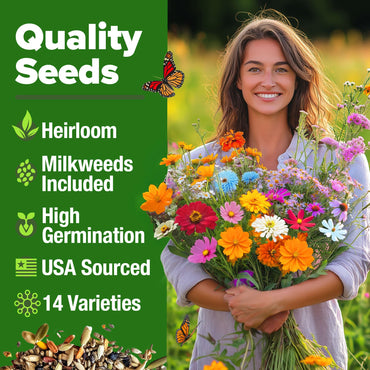 HOME GROWN Monarch Butterfly Wildflower Seeds Mix (2oz) 20000+ 𝗡𝗢𝗡-𝗚𝗠𝗢 𝗨𝗦𝗔 Milkweed Seeds for Monarch Butterflies, Bulk Perennial Wildflowers, Annual Flowers for Pollinator Gardens