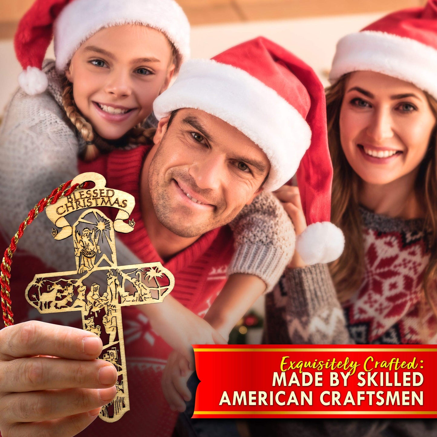Jolette Designs Nativity Cross Christmas Ornament Gift, Real Wooden Decor for Tree, Office, Car. Unique Wood Holy Family Scene Gifts, 4.5X 2.625, Made in USA, Keepsake Tells The Whole Christmas Story