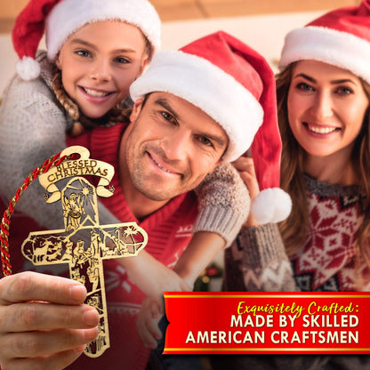 Jolette Designs Nativity Cross Christmas Ornament Gift, Real Wooden Decor for Tree, Office, Car. Unique Wood Holy Family Scene Gifts, 4.5X 2.625, Made in USA, Keepsake Tells The Whole Christmas Story