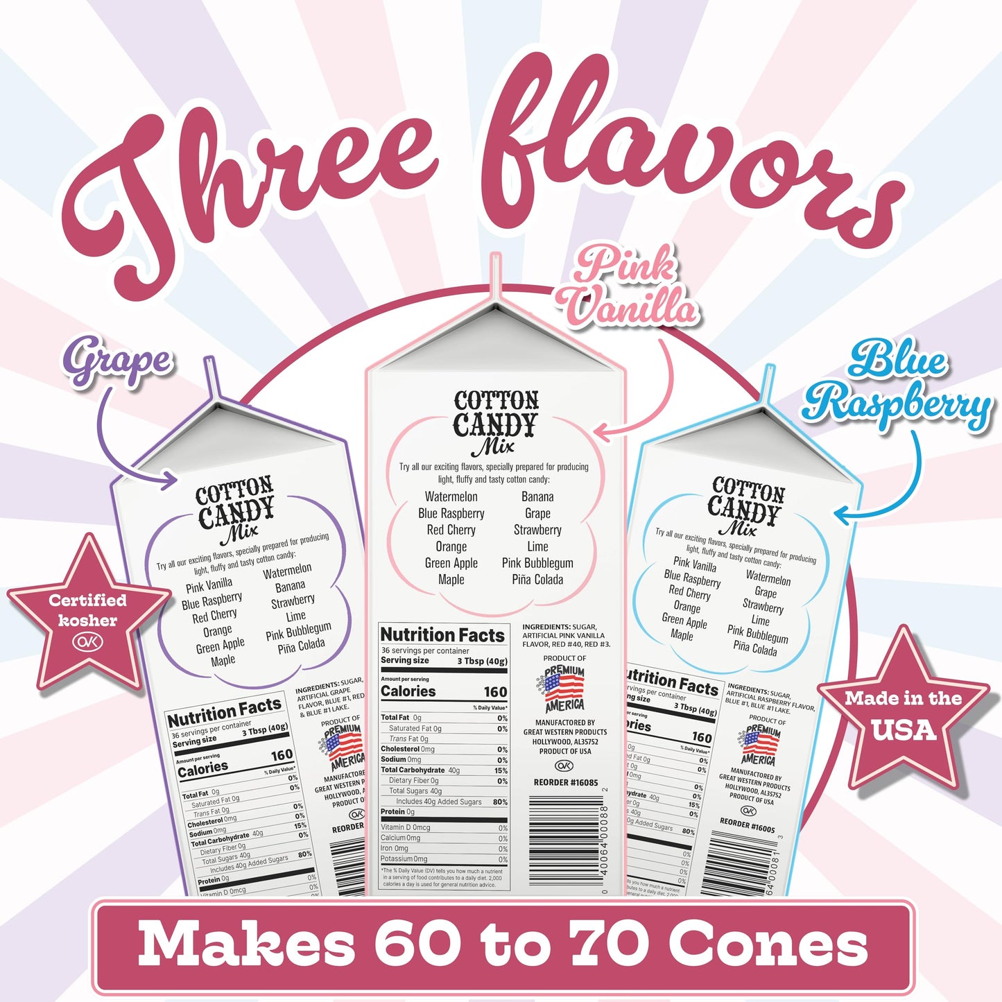 Premium America Variety Pack Blue Raspberry, Pink Vanilla, Grape Cotton Candy Floss Sugar Carnival-Style Fluffy Fun, Pre-Mixed & Ready to Use for Parties, Events & Festivals 3.25 lb Cartons Case of 3