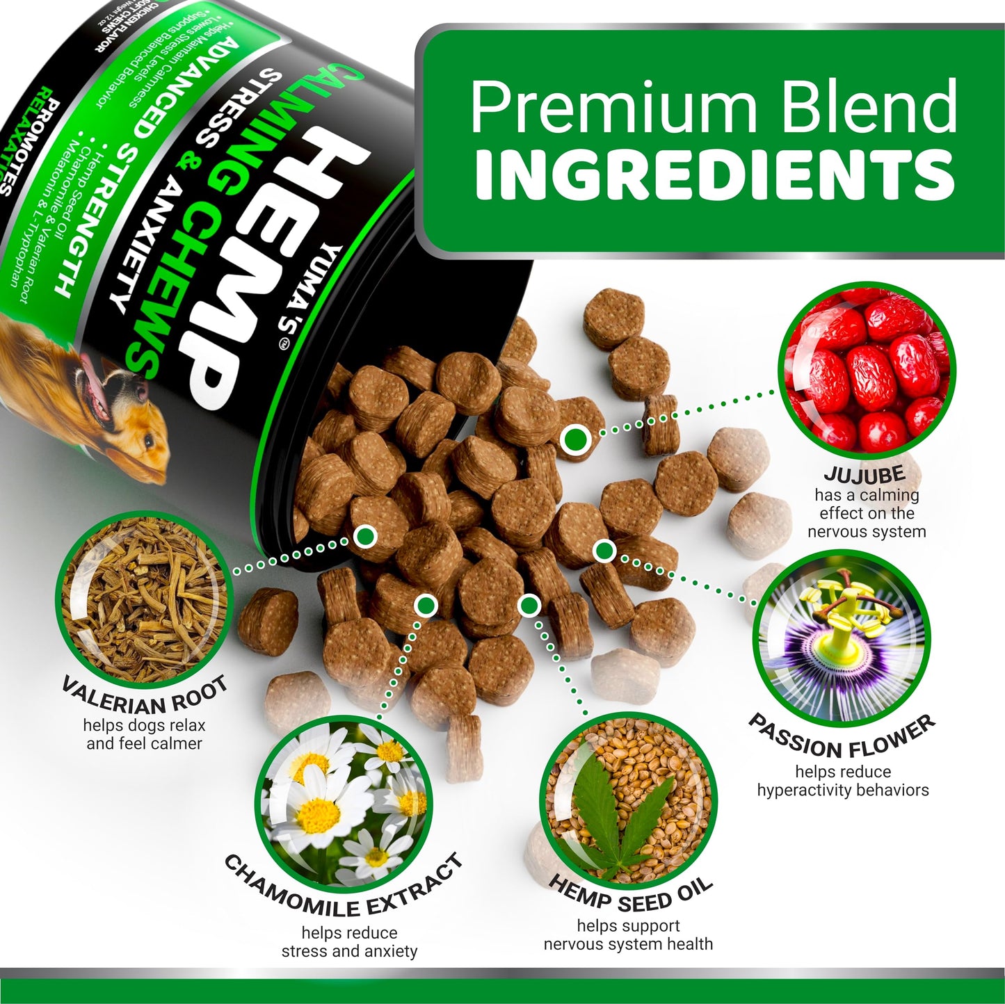 YUMA'S Hemp Calming Chews for Dogs - Advanced Dog Calming Chews - Anxiety Relief Treats - Separation Aid, Barking, Stress Relief, Thunderstorms - Melatonin - Hemp Oil - Made in USA