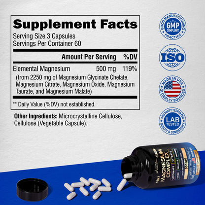 Magnesium Supplement - 5 in 1 Complex | Glycinate | Citrate | Malate | Taurate | Oxide - Made in USA - Stress, Muscle & Heart Support - Vegan, Natural, Non-GMO - 180 Capsules, 2 Month Supply