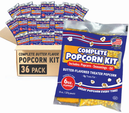 Premium America Popcorn Kit, 36 Packs for a 6oz Popper, Movie Theater & Popcorn Machine Kernels, Oil & Seasoning Packet, Bulk All in One